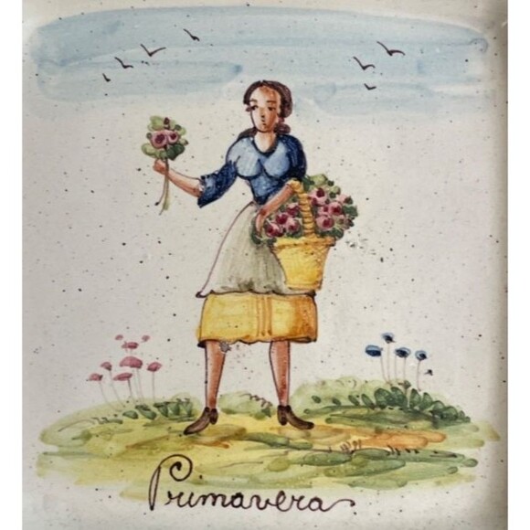 Set of 4 Hand Painted SEASONS Square Plates 9" Italy Vintage RARE - Picture 8 of 16